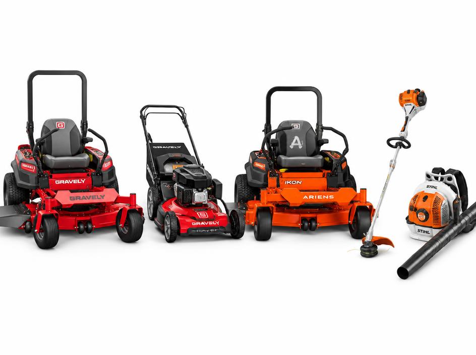 Lineup of commercial lawn equipment including mowers and handheld tools