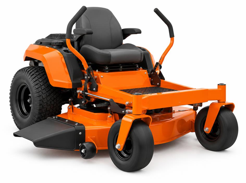 Orange zero-turn riding lawn mower on a white background