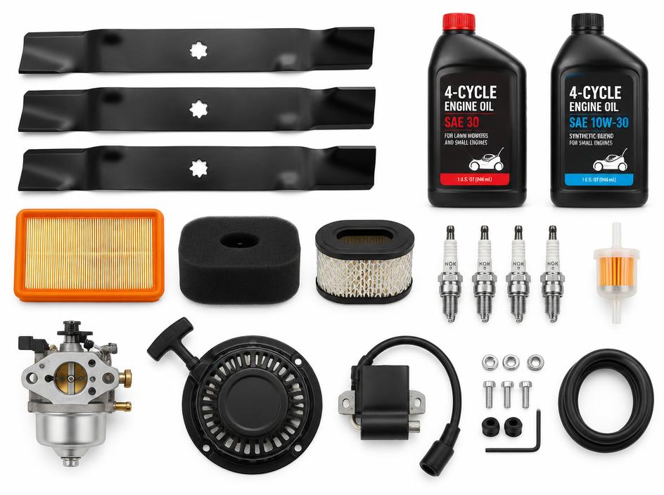 Small engine parts including mower blades, filters, oil and spark plugs