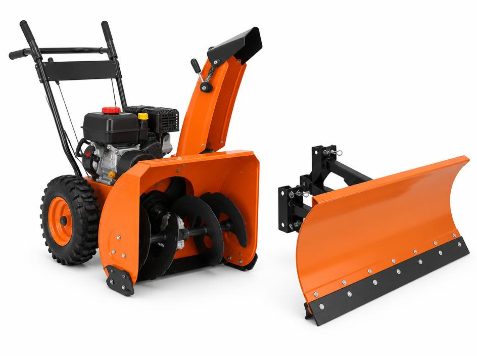 Orange snow thrower next to an orange snow plow blade attachment
