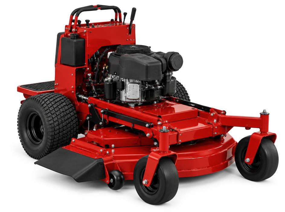 Red stand-on commercial mower with operator platform