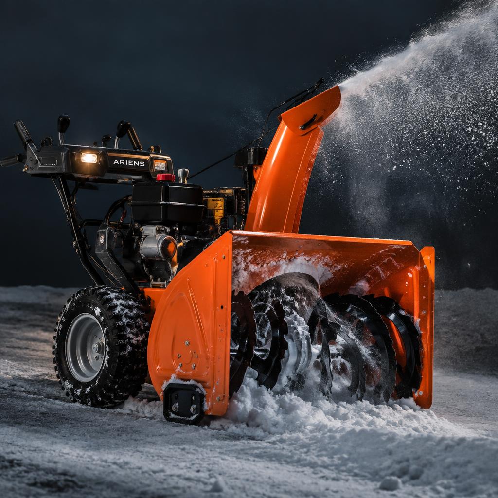 Orange snow blower clearing snow at dusk