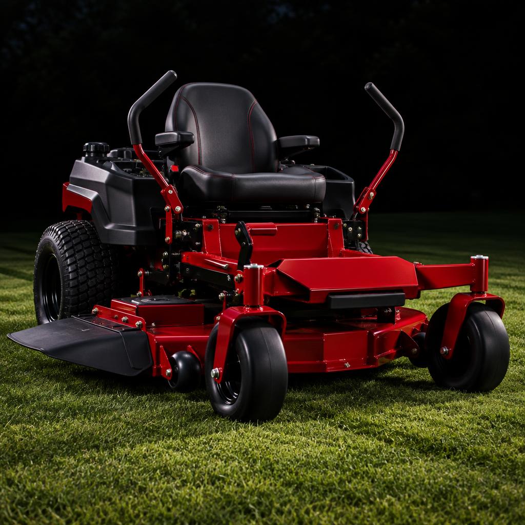 Red commercial zero-turn mower on cut grass